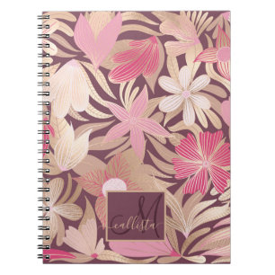 Gold Pink Floral Leaves Monogram Notitieboek