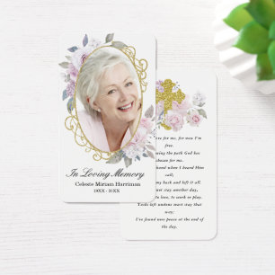 Gold Pink Floral Photo Funeral Prayer Card Visitekaartje