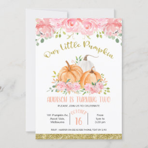 Gold Pink Floral Pumpkin Birthday Uitnodiging