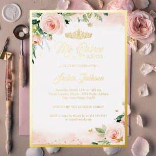 Gold Pink Floral Quinceanera Birthday Folie Uitnodiging