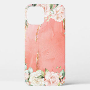 Gold Pink Floral Waterverf Elegant iPhone 12 Hoesje