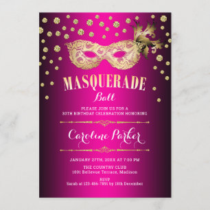 Gold Pink Masquerade Ball Birthday Party Kaart