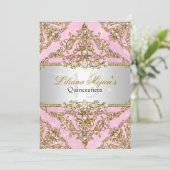 Gold & Pink Pearl Damask Quinceanera Invitation (Debout devant)