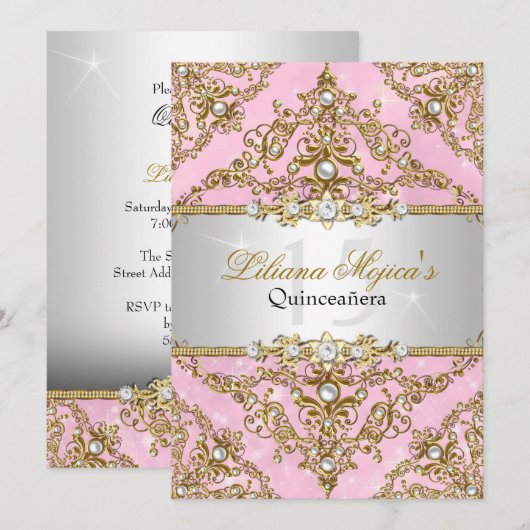 Gold & Pink Pearl Damask Quinceanera Invitation (Devant / Derrière)