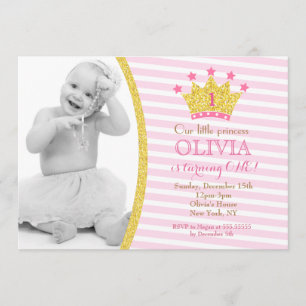 Gold Pink Princess Photo Birthday Invitations Kaart