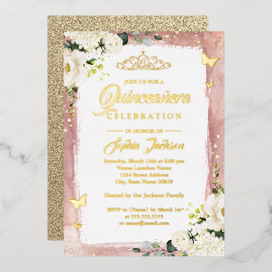 Gold Pink Quinceanera Floral Sparkle Tiara Folie Uitnodiging