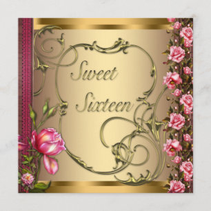 Gold Pink Rose Sweet Sixteen Birthday Party Kaart