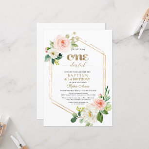 Gold Pink White Flowers First Birthday & Baptisme Kaart