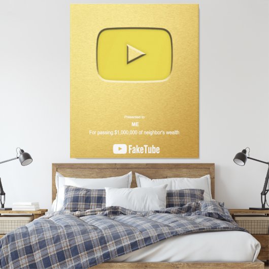 Gold Play Button FakeTube Canvas Afdruk (Insitu (Slaapkamer))