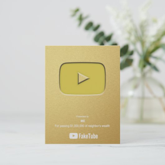 Gold Play Button FakeTube Uitnodiging Briefkaart (Staand voorkant)