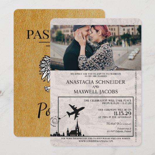 Gold Polen Paspoort Uitnodiging voor de bruiloft (Voorkant / Achterkant)