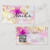 Gold Polish Splash Drip Nails QR Code Waterverf Visitekaartje (Voorkant / Achterkant)