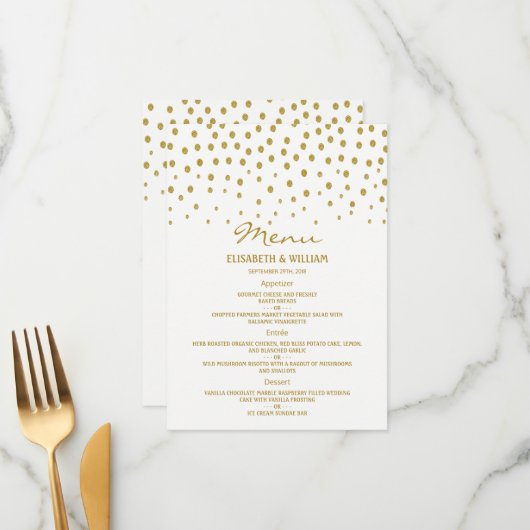 Gold Polka Dot - White & Gold - Weddenschap Menu (Voorkant / Achterkant in situ)