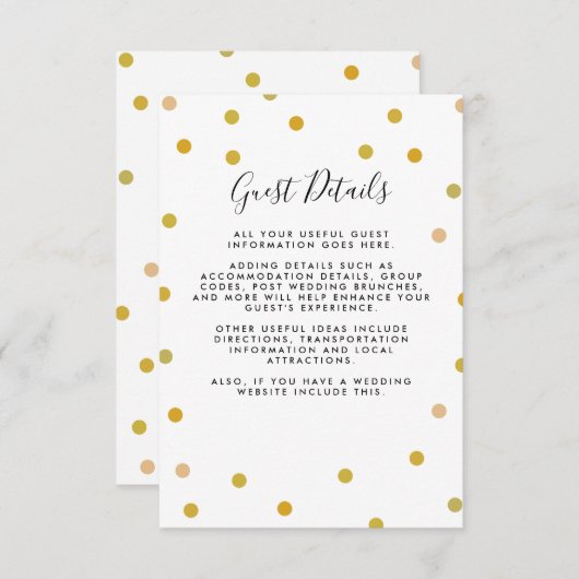 Gold Polka Dots Bruiloft Gast Informatie Details Informatiekaartje (Voorkant / Achterkant)