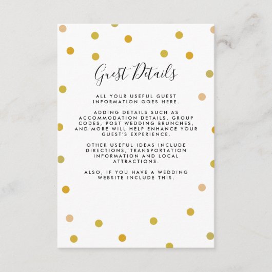 Gold Polka Dots Bruiloft Gast Informatie Details Informatiekaartje (Voorkant)