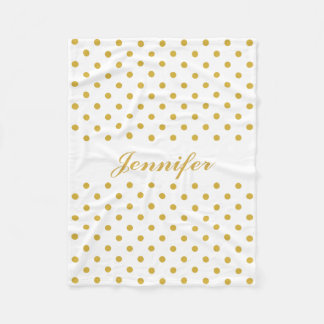 Gold Polka Dots on White Personal Name Fleece Deken