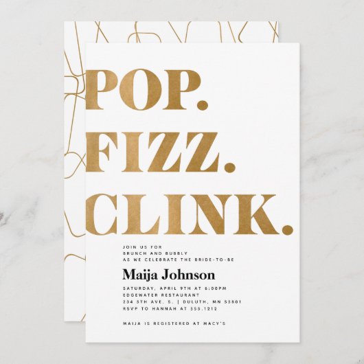 Gold Pop Fizz Clink Invitation à la douche nuptial (Devant / Derrière)