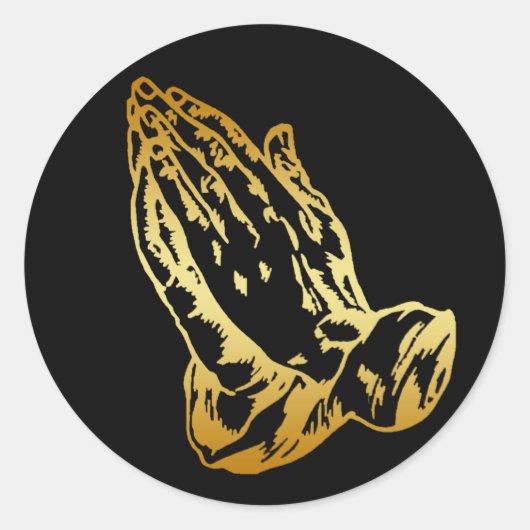GOLD PRAYING HANDS RONDE STICKER (Voorkant)