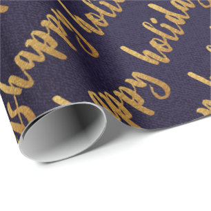 Gold Prettige feestdagen Script Deep Blue Navy Cadeaupapier