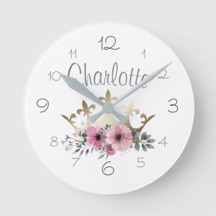 Gold Princess Crown Pink Waterverf Flowers Name Ronde Klok