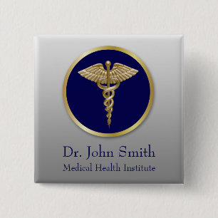 Gold Professional Caduceus Blue Medical Vierkante Button 5,1 Cm