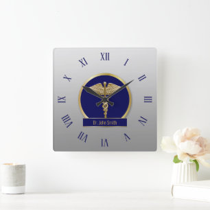 Gold Professional Medical Caduceus Blue Name Vierkante Klok