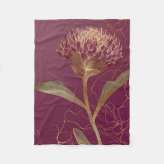 Gold Protea Flower Burgundy Botanical Linework Fleece Deken