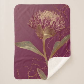 Gold Protea Flower Burgundy Botanical Linework Sherpa Deken