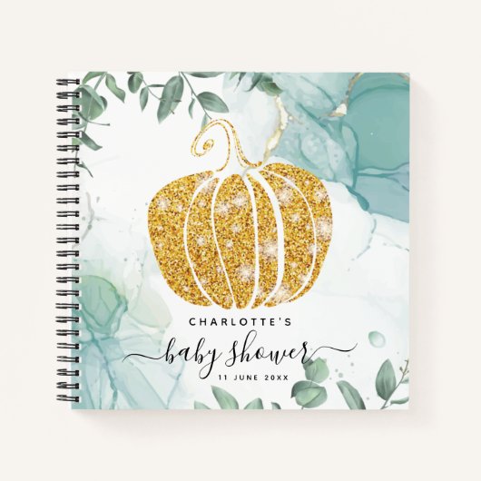 Gold Pumpkin Herfst Green Baby shower Guestbook Notitieboek (Voorkant)