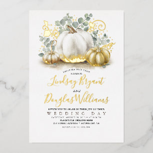 Gold Pumpkins en Eucalyptus Greenery Fall Wedding Folie Uitnodiging