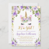 Gold Purple Floral Unicorn Baby Shower Invitations (Devant)
