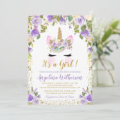 Gold Purple Floral Unicorn Baby Shower Invitations (Debout devant)