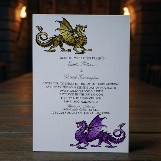 Gold Purple Medieval Dragon Wedding Invitation