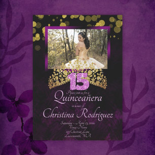 Gold, Purple, Quinceanera Rose Invitation avec Tia