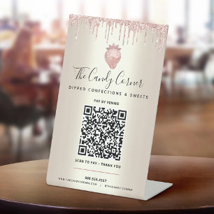 Gold QR-code Betaal hier Roze aardbei Glitter Drip Reclamebord Met Voetstuk