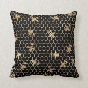 Gold Queen Bees en Honeycomb op Black Kussen