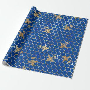 Gold Queen bijen en Honeycomb op blauw Cadeaupapier