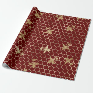 Gold Queen bijen en Honeycomb op Red Cadeaupapier