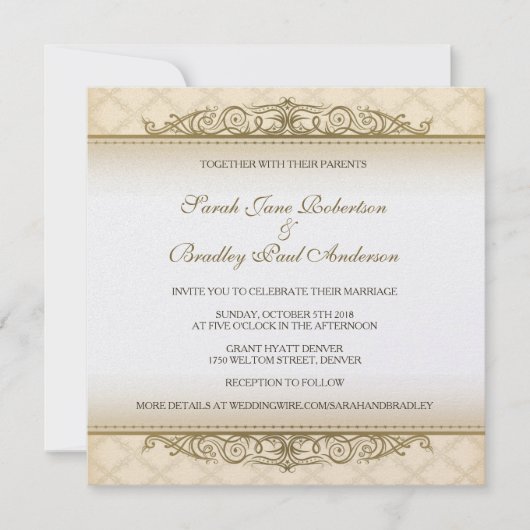 Gold Quilted Imprimer Mariage baroque Invitations (Devant)