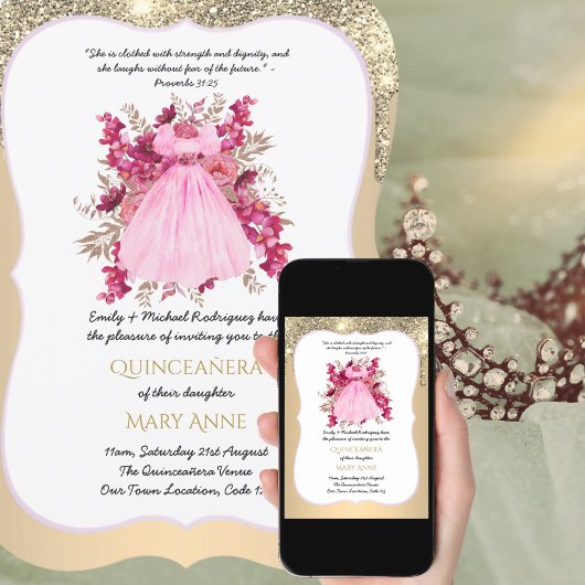 Gold Quinceañera Rose Floral Elegance Invitation