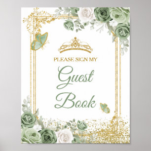 Gold Quinceañera Sage Green Crown Guest Book Poster