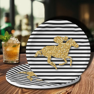 Gold Race Horse op Black and White Stripes Papieren Bordje