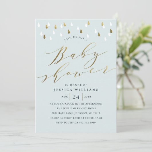Gold raindrops snd script baby shower invitation b (Debout devant)