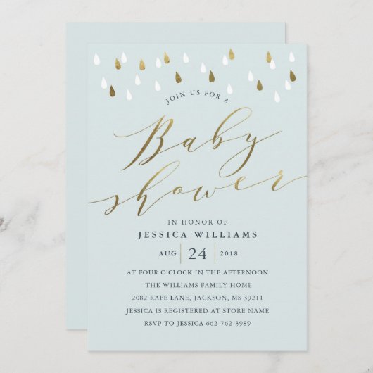 Gold raindrops snd script baby shower invitation b (Devant / Derrière)