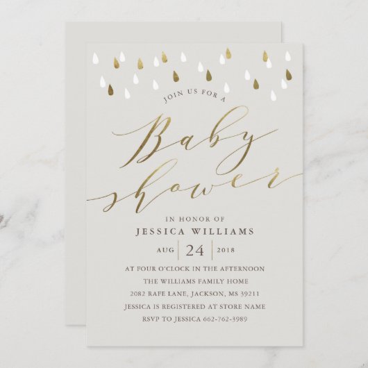 Gold raindrops snd script baby shower invitation g (Devant / Derrière)