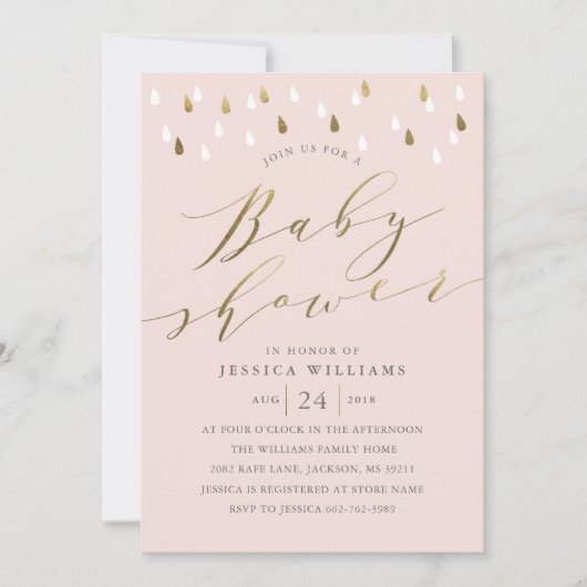 Gold raindrops snd script baby shower invitation r (Devant)