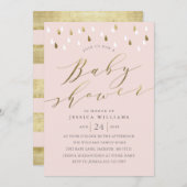 Gold raindrops snuffelscript baby shower nodigt ro kaart (Voorkant / Achterkant)