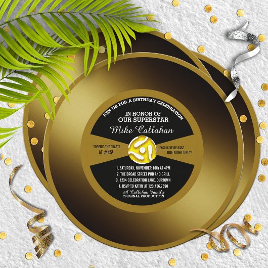 Gold Record Vinyl 45 Anniversaire Fête Invitation