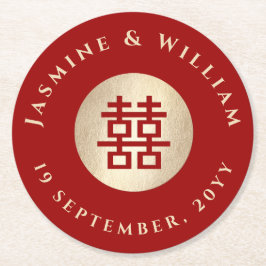 Gold Rectangle Double Happiness Chinese Wedding Ronde Kartonnen Onderzetter