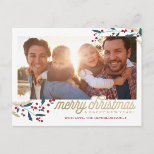 Gold Red Berries Foto Lijst   Vrolijk kerstfeest Briefkaart